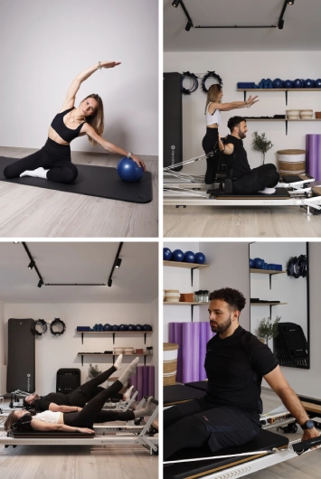 Composition of four images showing Pilates exercises: men and women practising on mats and Reformer, in private classes or small groups.