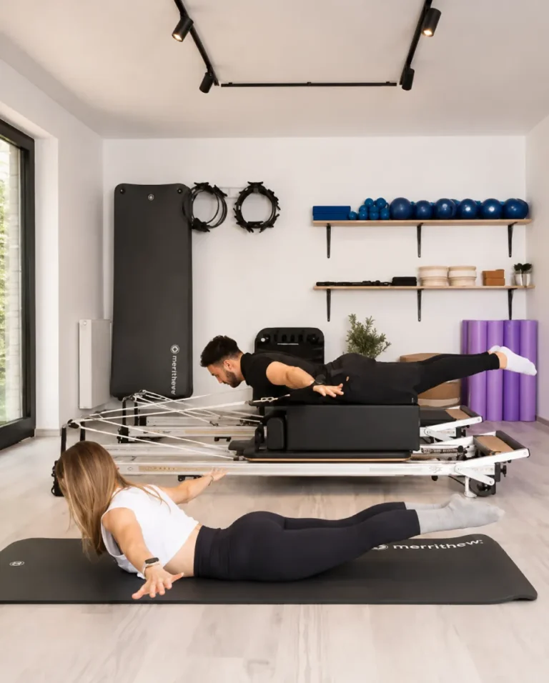 Man on a Reformer and woman on a mat during a Pilates class at Reinforce Pilates in Woluwe-Saint-Lambert